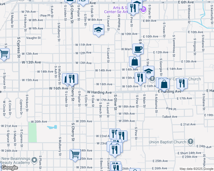 map of restaurants, bars, coffee shops, grocery stores, and more near 1616 South Laurel Street in Pine Bluff