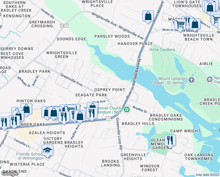 map of restaurants, bars, coffee shops, grocery stores, and more near 1606 Fish Hawk Court in Wilmington