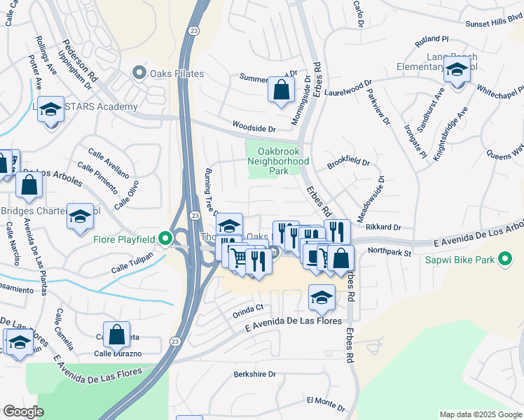 map of restaurants, bars, coffee shops, grocery stores, and more near 1825 Burning Tree Drive in Thousand Oaks
