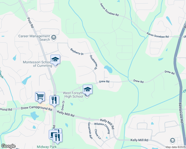 map of restaurants, bars, coffee shops, grocery stores, and more near 4145 Doubletree Court in Cumming
