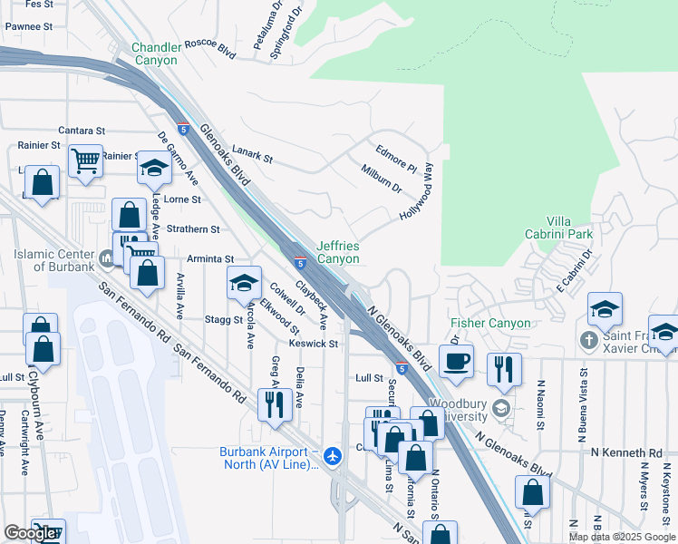 map of restaurants, bars, coffee shops, grocery stores, and more near Glenoaks Blvd & Hollywood Way in Los Angeles