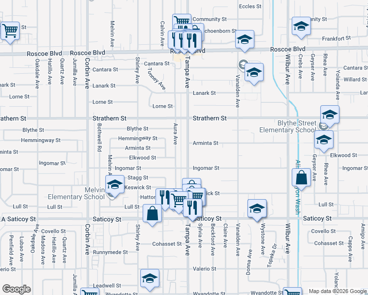map of restaurants, bars, coffee shops, grocery stores, and more near 7851 Tampa Avenue in Los Angeles