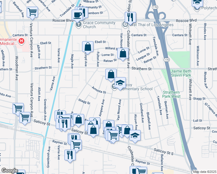 map of restaurants, bars, coffee shops, grocery stores, and more near 7862 Mary Ellen Avenue in Los Angeles