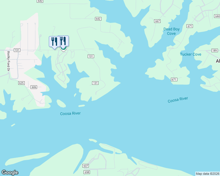 map of restaurants, bars, coffee shops, grocery stores, and more near 1761 County Road 131 in Cedar Bluff