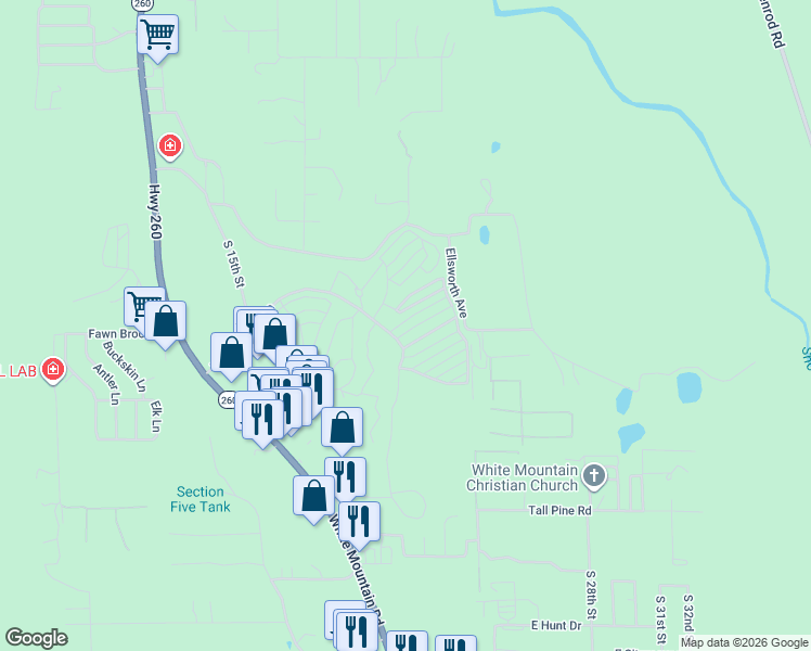 map of restaurants, bars, coffee shops, grocery stores, and more near 2161 Saddlebag Lane in Show Low