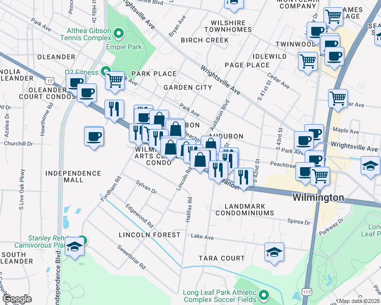 map of restaurants, bars, coffee shops, grocery stores, and more near 3913 Oleander Dr in Wilmington