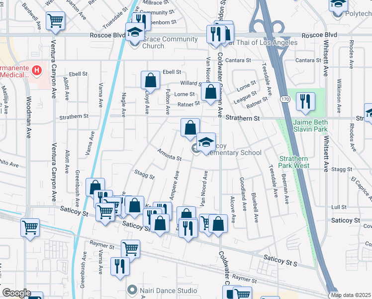 map of restaurants, bars, coffee shops, grocery stores, and more near 7862 Mary Ellen Avenue in Los Angeles