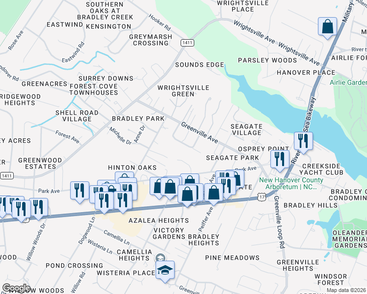 map of restaurants, bars, coffee shops, grocery stores, and more near 245 Whites Avenue, in Wilmington