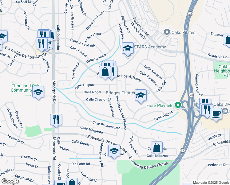 map of restaurants, bars, coffee shops, grocery stores, and more near 2555 Avenida De Las Plantas in Thousand Oaks