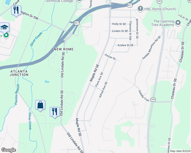 map of restaurants, bars, coffee shops, grocery stores, and more near 2715 Maple Rd SE in Rome