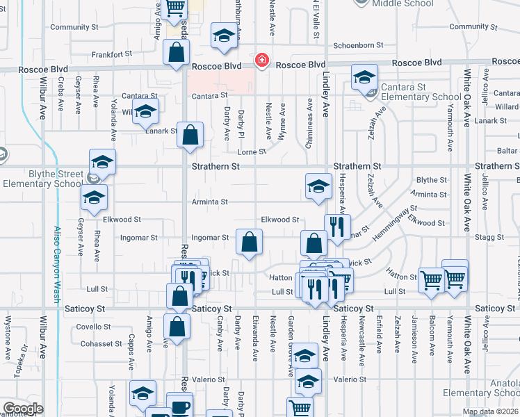 map of restaurants, bars, coffee shops, grocery stores, and more near 7850 Etiwanda Avenue in Los Angeles