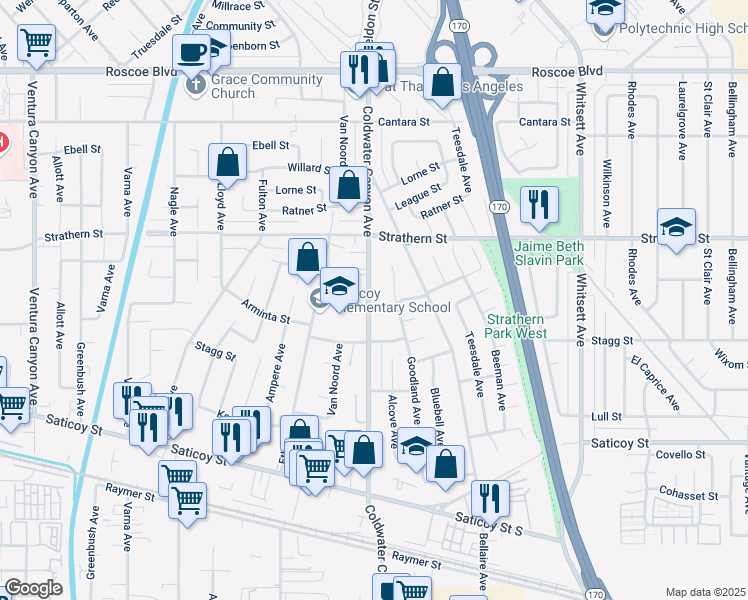 map of restaurants, bars, coffee shops, grocery stores, and more near 7846 Coldwater Canyon Avenue in Los Angeles