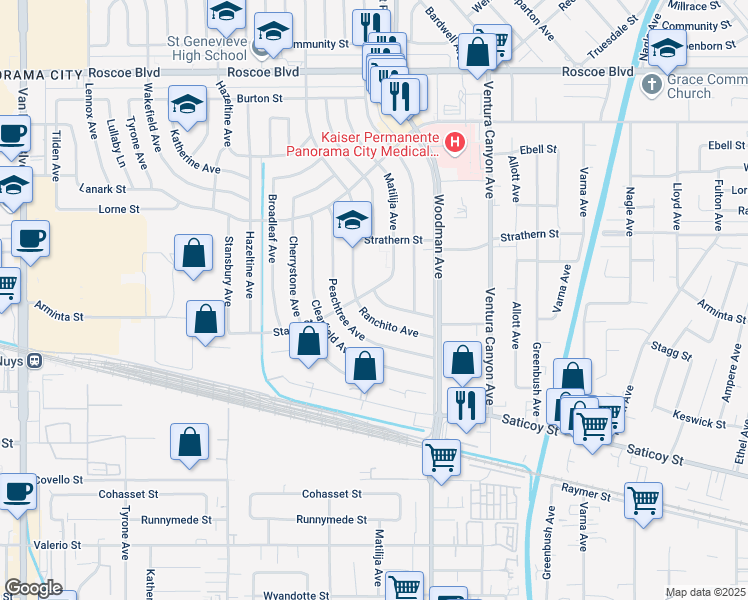 map of restaurants, bars, coffee shops, grocery stores, and more near 7865 Cantaloupe Avenue in Los Angeles