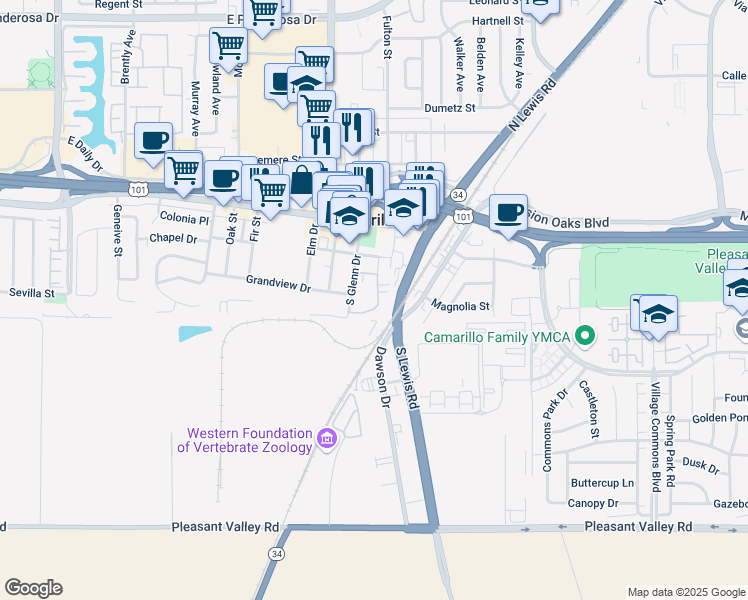 map of restaurants, bars, coffee shops, grocery stores, and more near 200 South Glenn Drive in Camarillo