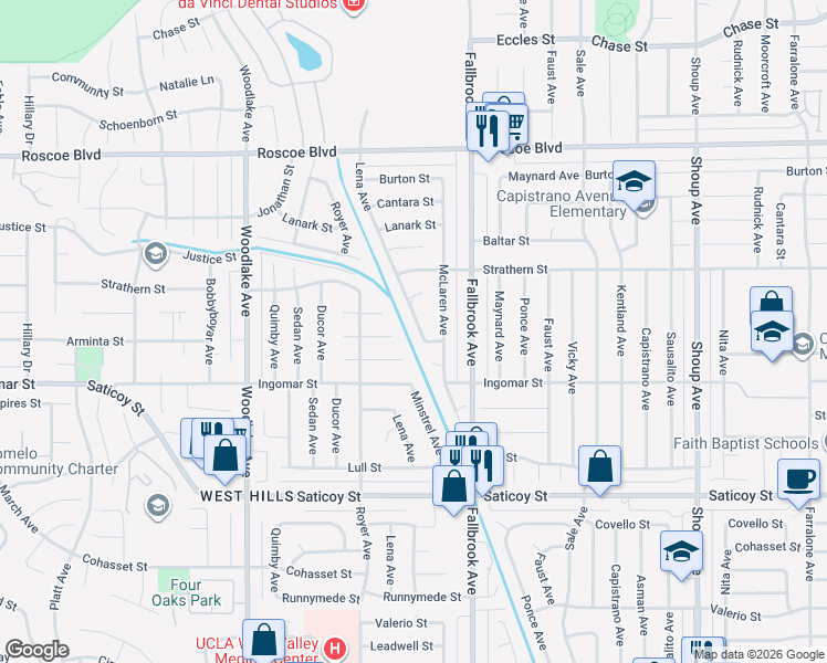 map of restaurants, bars, coffee shops, grocery stores, and more near 7851 Lena Avenue in Los Angeles