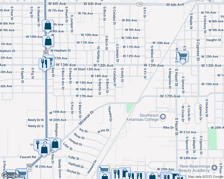 map of restaurants, bars, coffee shops, grocery stores, and more near 3004 West 16th Avenue in Pine Bluff