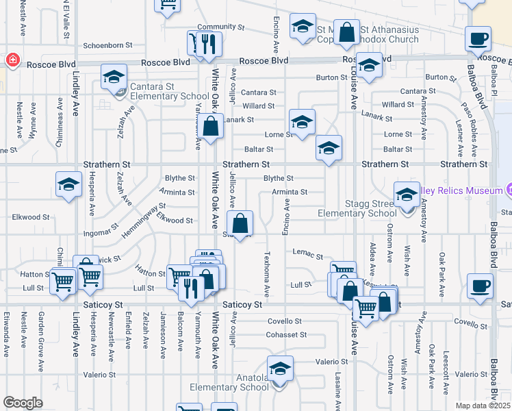 map of restaurants, bars, coffee shops, grocery stores, and more near 7850 Shoshone Avenue in Los Angeles