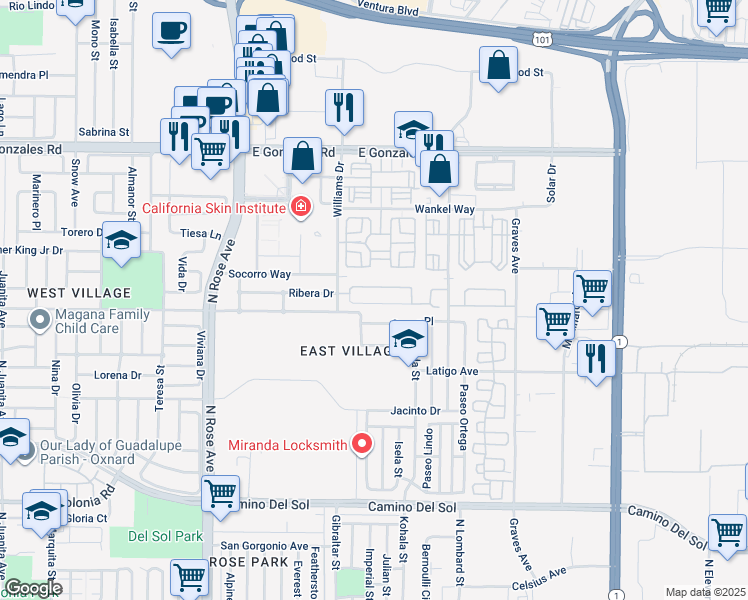 map of restaurants, bars, coffee shops, grocery stores, and more near 2071 Posada Drive in Oxnard