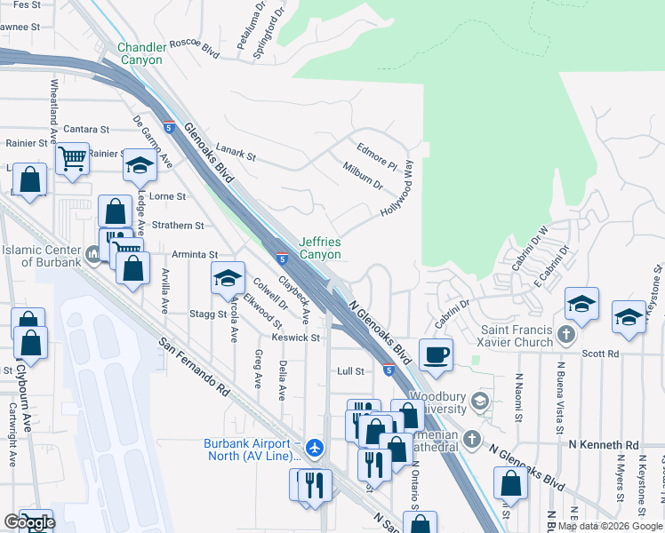 map of restaurants, bars, coffee shops, grocery stores, and more near 9966 Glencrest Circle in Burbank
