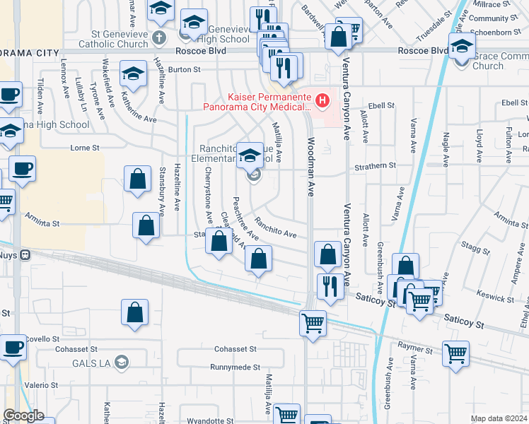 map of restaurants, bars, coffee shops, grocery stores, and more near 7865 Cantaloupe Avenue in Los Angeles