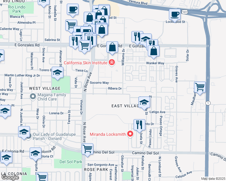map of restaurants, bars, coffee shops, grocery stores, and more near 1922 Ribera Drive in Oxnard