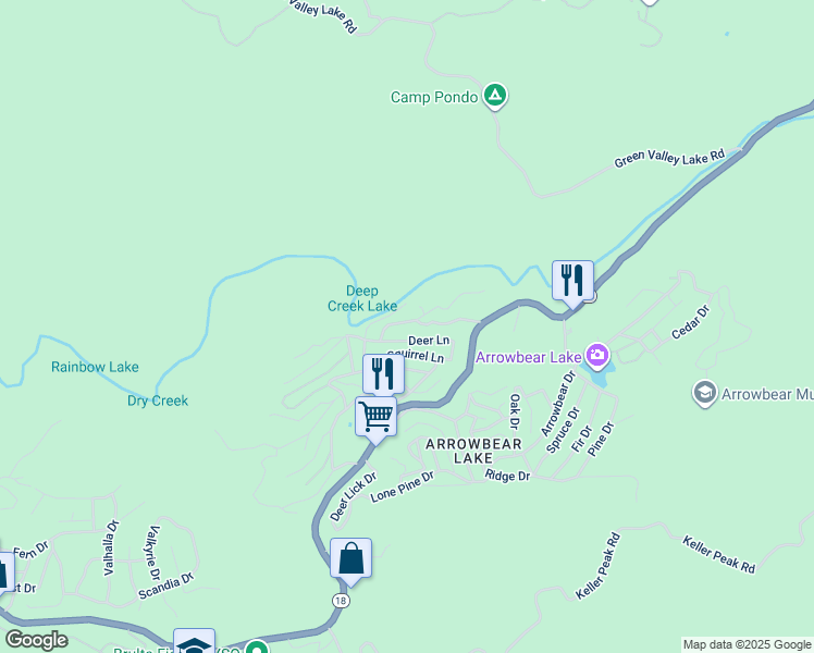 map of restaurants, bars, coffee shops, grocery stores, and more near 2 Deep Creek Drive in Running Springs