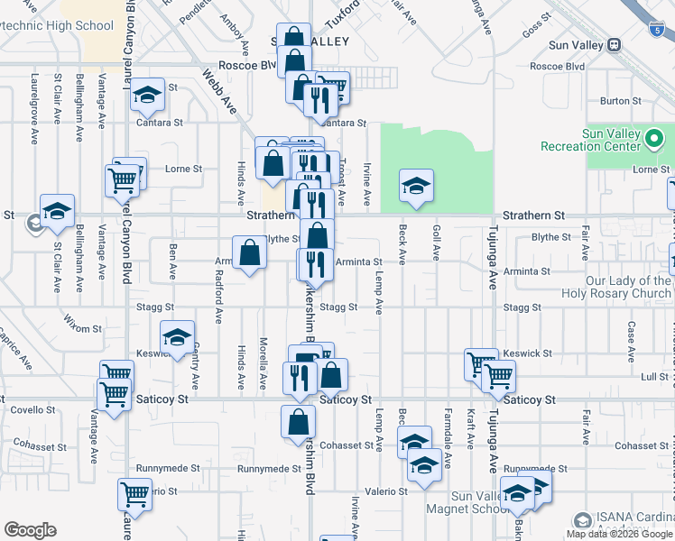 map of restaurants, bars, coffee shops, grocery stores, and more near 7854 Troost Avenue in Los Angeles