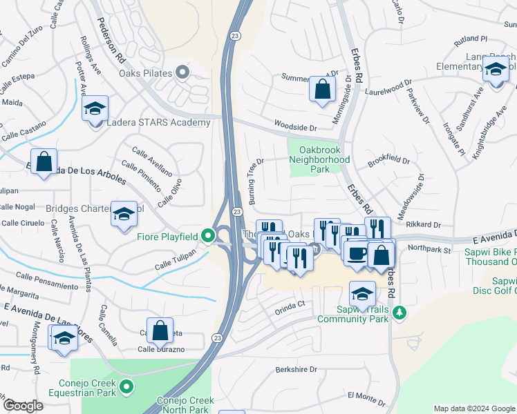 map of restaurants, bars, coffee shops, grocery stores, and more near 1643 Burning Tree Drive in Thousand Oaks