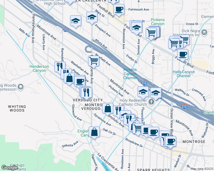 map of restaurants, bars, coffee shops, grocery stores, and more near 2666 Raymond Avenue in Glendale
