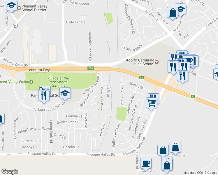 map of restaurants, bars, coffee shops, grocery stores, and more near 20 Via Rosal in Camarillo