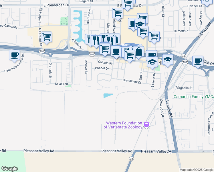 map of restaurants, bars, coffee shops, grocery stores, and more near 381 Grandview Circle in Camarillo