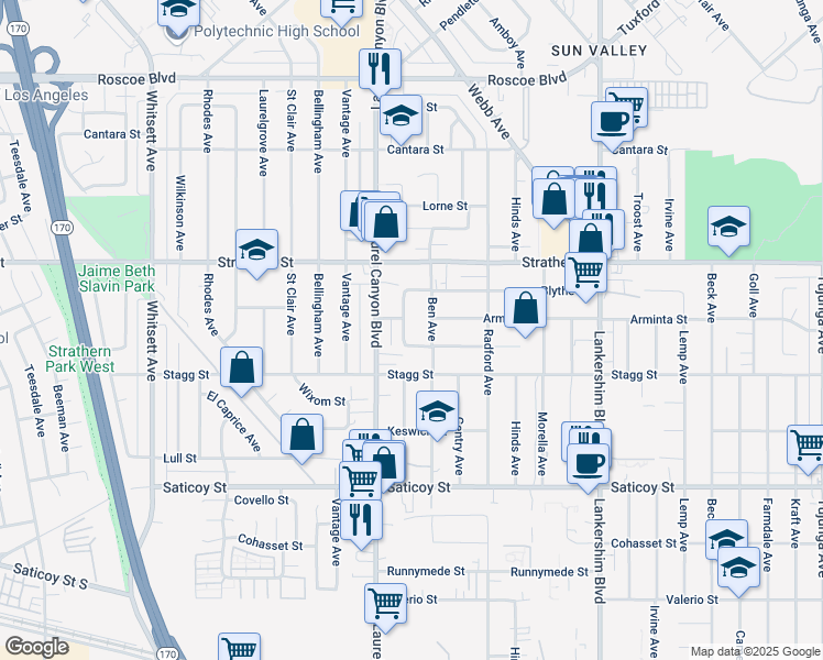 map of restaurants, bars, coffee shops, grocery stores, and more near 7850 Agnes Avenue in Los Angeles