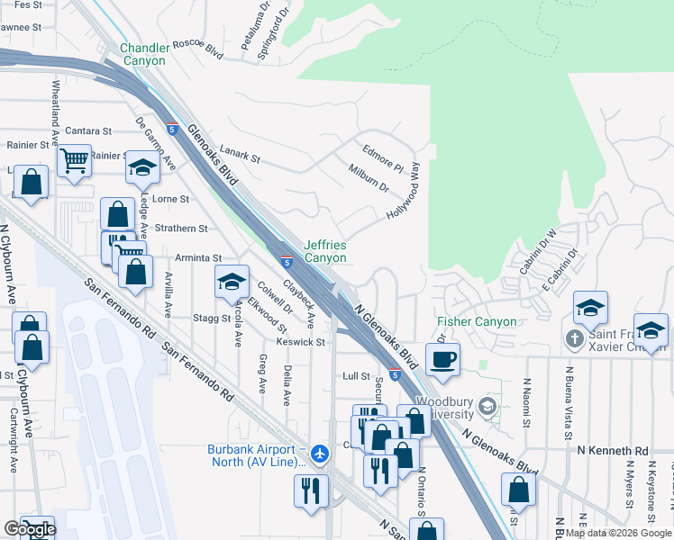 map of restaurants, bars, coffee shops, grocery stores, and more near 9966 Glencrest Circle in Burbank
