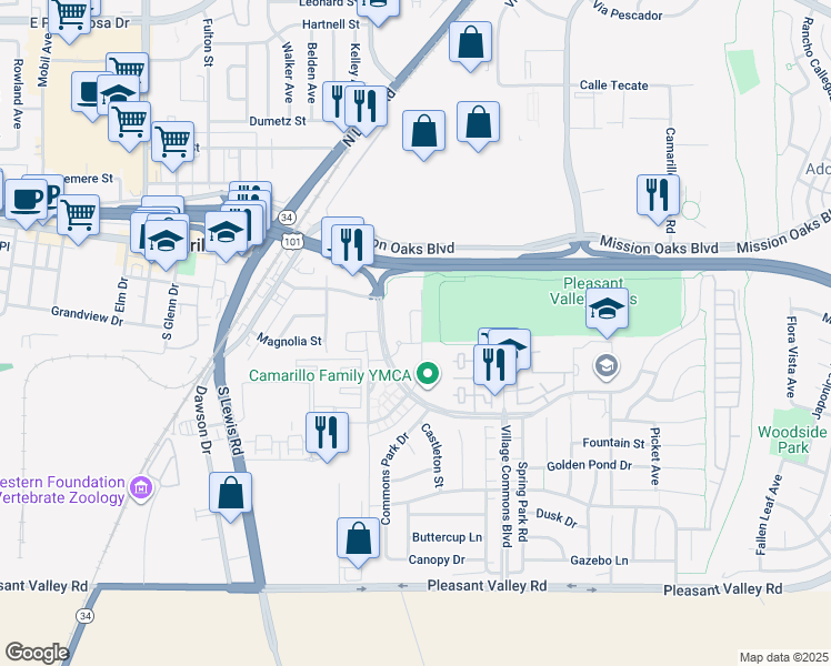 map of restaurants, bars, coffee shops, grocery stores, and more near 189 Westpark Court in Camarillo