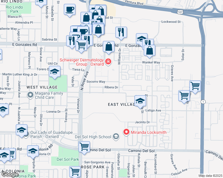 map of restaurants, bars, coffee shops, grocery stores, and more near 1930 Ribera Drive in Oxnard