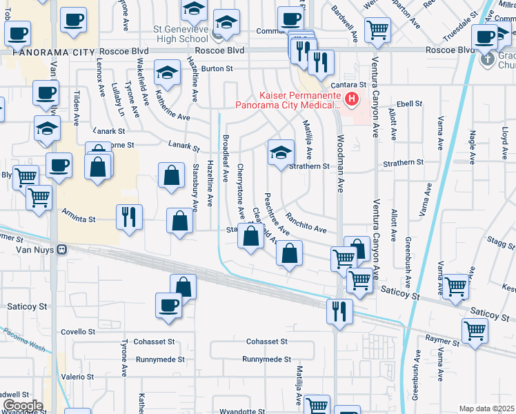 map of restaurants, bars, coffee shops, grocery stores, and more near 7864 Clearfield Avenue in Los Angeles