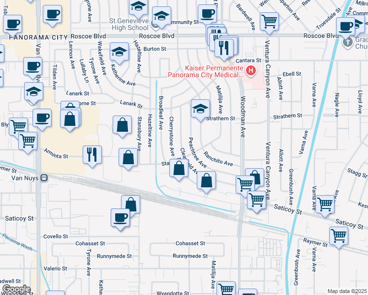 map of restaurants, bars, coffee shops, grocery stores, and more near 7864 Clearfield Avenue in Los Angeles