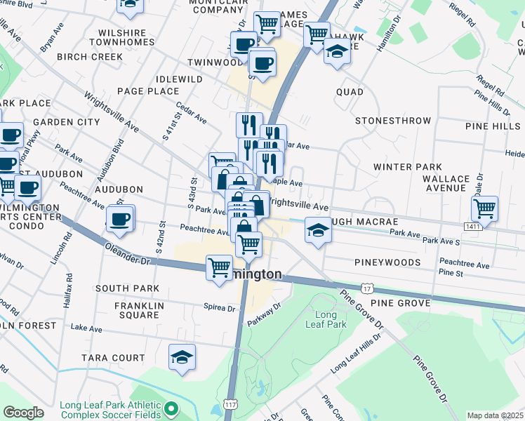 map of restaurants, bars, coffee shops, grocery stores, and more near 4601 Park Avenue in Wilmington