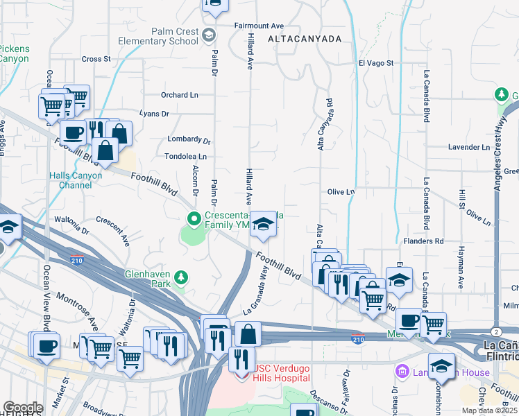 map of restaurants, bars, coffee shops, grocery stores, and more near 4608 Hillard Avenue in La Cañada Flintridge