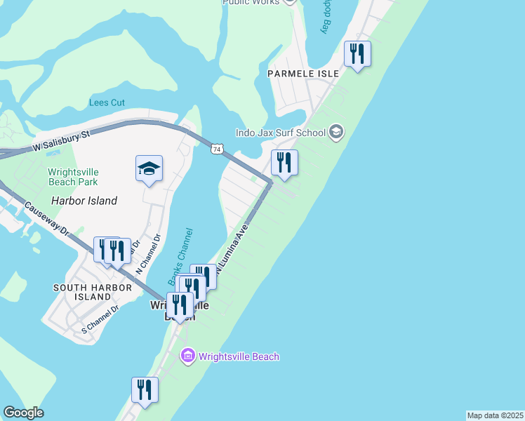 map of restaurants, bars, coffee shops, grocery stores, and more near 3 East Oxford Street in Wrightsville Beach