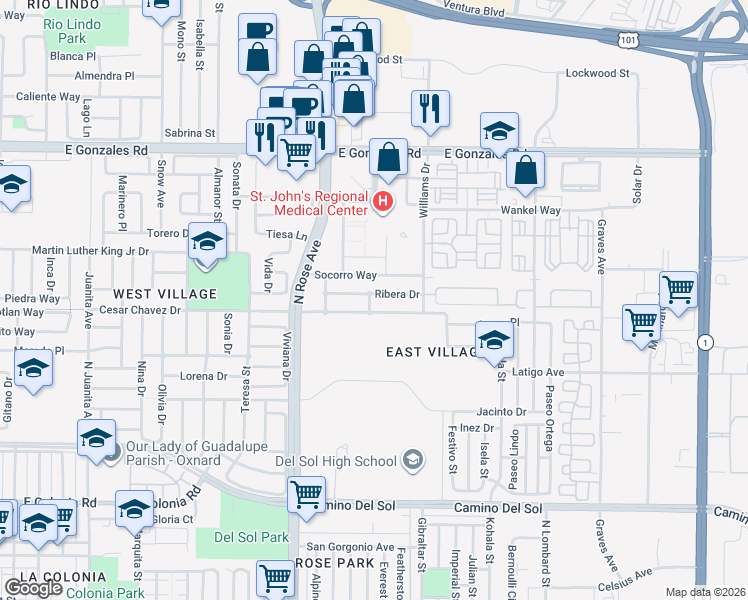 map of restaurants, bars, coffee shops, grocery stores, and more near 1888 Ribera Drive in Oxnard