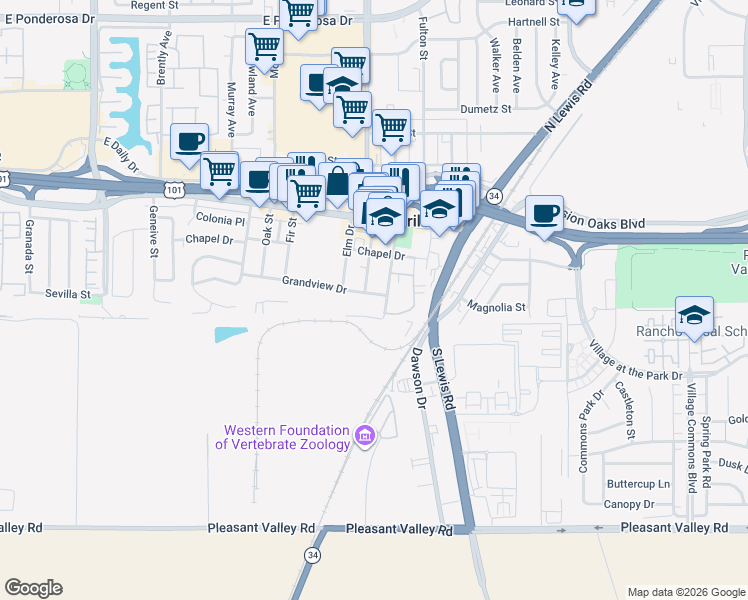 map of restaurants, bars, coffee shops, grocery stores, and more near 2364 Grandview Drive in Camarillo
