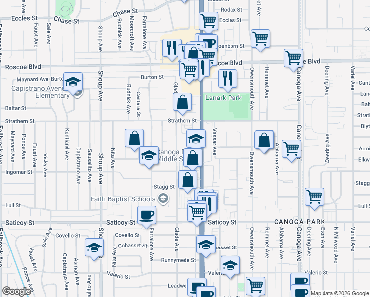 map of restaurants, bars, coffee shops, grocery stores, and more near 7859 Hanna Avenue in Canoga Park