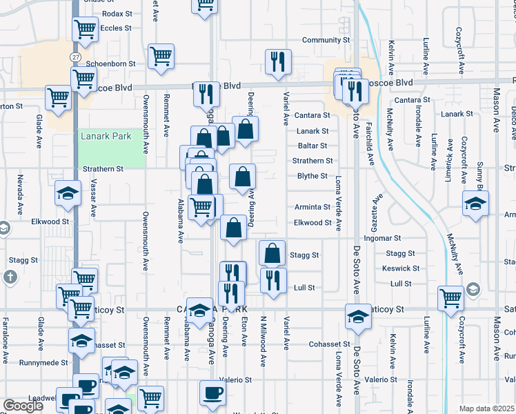 map of restaurants, bars, coffee shops, grocery stores, and more near 7886 Deering Avenue in Los Angeles