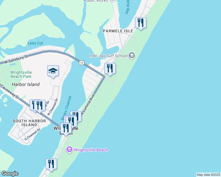 map of restaurants, bars, coffee shops, grocery stores, and more near 19 East Henderson Street in Wrightsville Beach