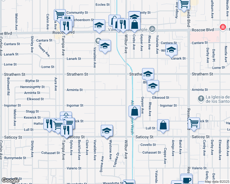 map of restaurants, bars, coffee shops, grocery stores, and more near 18942 Arminta Street in Los Angeles