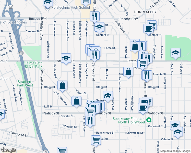 map of restaurants, bars, coffee shops, grocery stores, and more near 7852 Laurel Canyon Boulevard in Los Angeles