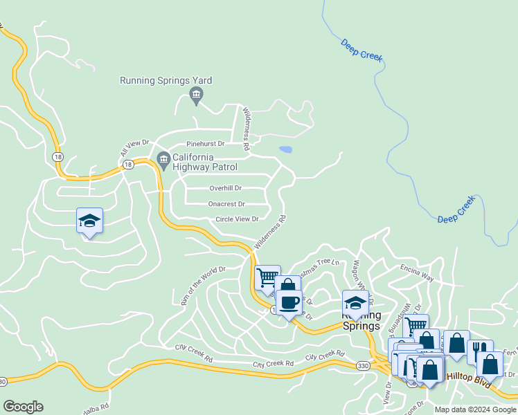 map of restaurants, bars, coffee shops, grocery stores, and more near 31529 Onacrest Drive in Running Springs