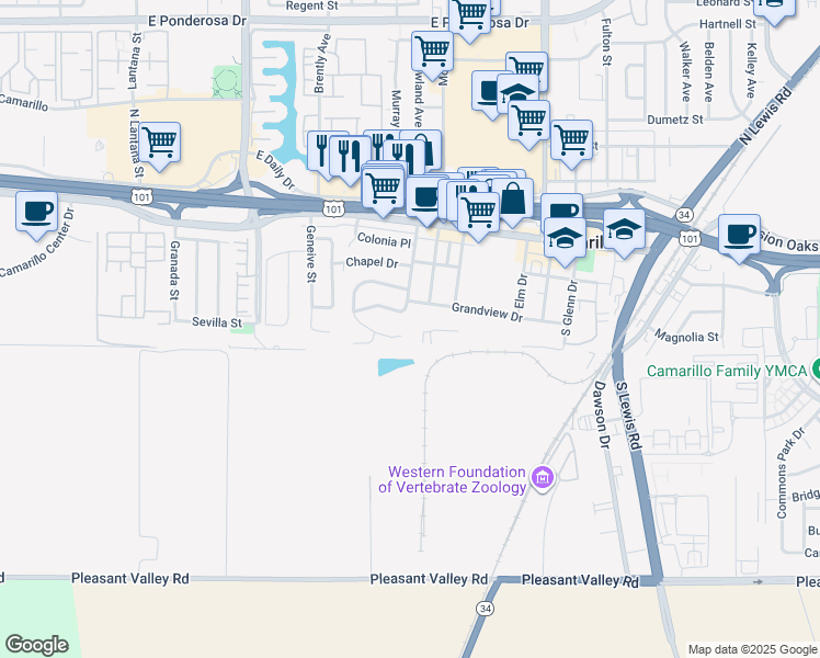 map of restaurants, bars, coffee shops, grocery stores, and more near 391 Grandview Circle in Camarillo