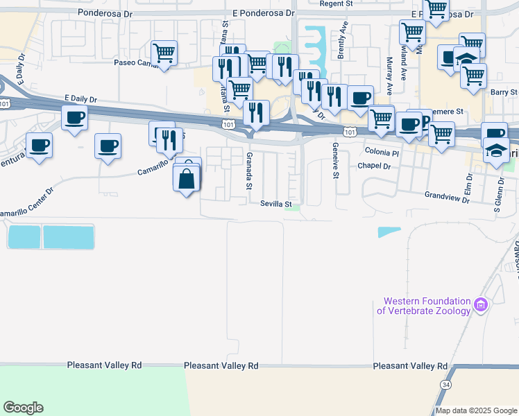 map of restaurants, bars, coffee shops, grocery stores, and more near 1368 Sevilla Street in Camarillo